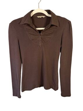 RW&CO. Brown Long Sleeve Polo Top with Pintuck Yoke